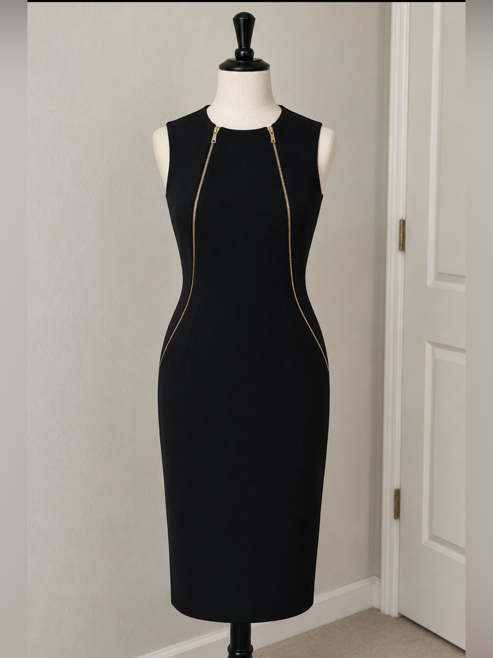 Calvin Klein Midi Sheath Dress with Gold Zipper Accents